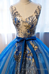 UniqueDressess Puffy V Neck Organza Applique Modest Evening Prom Dresses Evening Prom Dresses