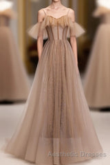 Champagne Tulle Sequin Long Evening Prom Dresses, Champagne Evening Prom Dresses
