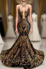 Long Sleeveless Mermaid Evening Prom Dresses with Gold Sequins