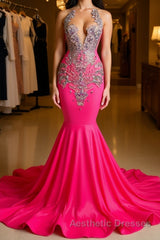 Sleeveless Velvet Mermaid Style Dresses with Beadings in Pink Barbie Color