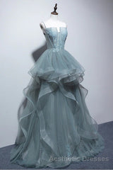 Gray Spaghetti Straps Tulle Princess Formal Evening Prom Party Dresses Long Formal Evening Prom Dresses