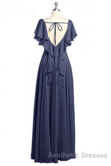 Navy Blue V-Neck Backless Ruffled A-Line Long Dresses