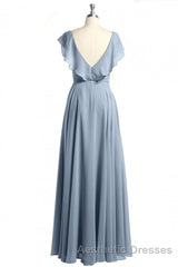Dusty Blue V-Neck Backless Ruffled A-Line Long Bridesmaid Dresses
