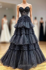 Black Sweetheart Neck Tulle Lace Long Evening Prom Dresses, Black Formal Evening Prom Dresses