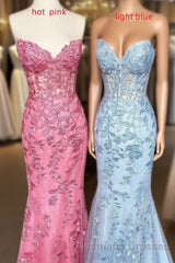 Sweetheart Mermaid Long Evening Prom Dresses with Lace Appliques