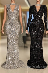 Glitter Long V-neck Sequined Floor Length Mermaid Evening Prom Dresses with Sleeves