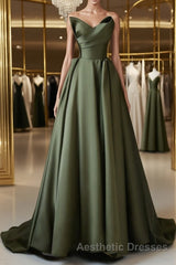 A-Line V Neck Satin Green Long Evening Prom Dresses, Green Long Formal Dresses