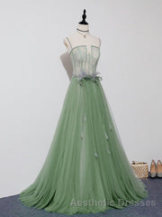 Green Tulle Lace Long Evening Prom Dresses, Green Tulle Evening Prom Dresses, 3