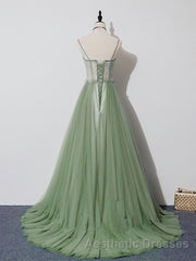 Green Tulle Lace Long Evening Prom Dresses, Green Tulle Evening Prom Dresses, 3
