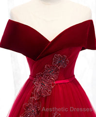 Burgundy Tulle Off Shoulder Long Evening Prom Dresses, Burgundy Formal Dresses
