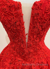 Red Tulle Lace A Line Formal Evening Prom Dresses Appliques Long Evening Prom Dresses