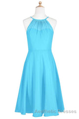 Pool Blue Chiffon Halter Short Bridesmaid Dresses