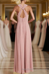 Dusty Pink Twist-Front Backless Long Formal Dresses
