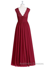 Red Lace Cap Sleeve A-Line Long Bridesmaid Dresses