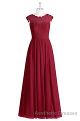 Red Lace Cap Sleeve A-Line Long Bridesmaid Dresses