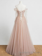 Champagne Pink Tulle Beads Long Evening Prom Dresses, Champagne Evening Prom Dresses
