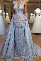 Elegant Blue Lace Sleeveless Deep V Neck Evening Prom Dresses Party Dresses