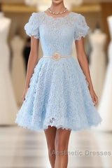 Cute Blue Lace Short Evening Prom Dresses, Blue Homecoming Dresses