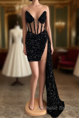 Black V-Neck Sleeveless Short Party Dresses With Ruffles Sequins Dresses