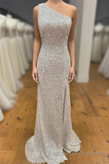 One Shoulder Ivory Sequined Long Party Dresses
