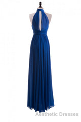 Royal Blue Chiffon Halter Keyhole Long Formal Dresses