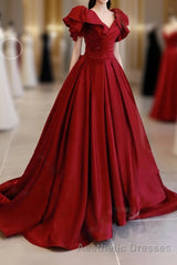 Simple Burgundy Satin Long Evening Prom Dresses, Burgundy Long Evening Prom Dresses