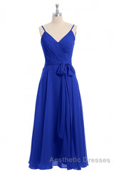 Royal Blue V-Neck Spaghetti Straps Tea-Length Bridesmaid Dresses