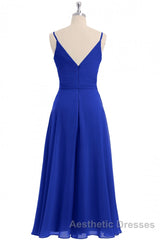 Royal Blue V-Neck Spaghetti Straps Tea-Length Bridesmaid Dresses