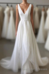 Simple White V Neck Tulle Long Evening Prom Dresses, White Evening Prom Dresses
