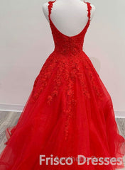 Red Tulle Lace A Line Formal Evening Prom Dresses Appliques Long Evening Prom Dresses