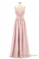 Dusty Pink Spaghetti Straps Banded Waist Long Bridesmaid Dresses