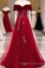 Burgundy Tulle Off Shoulder Long Evening Prom Dresses, Burgundy Formal Dresses