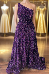 Purple Sequin One-Shoulder Backless A-Line Long Evening Prom Dresses