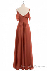 Rust Orange Straps Ruffled A-Line Bridesmaid Dresses