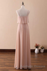 Blush Pink Spaghetti Strap Ruffled Long Bridesmaid Dresses