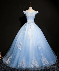 Blue Tulle Lace Off Shoulder Long Evening Prom Dresses, Blue Tulle Lace Evening Prom Dresses