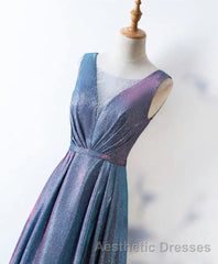 Unique Blue Sequin Long Evening Prom Dresses, Blue Formal Dresses
