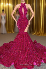Sparkle Sequined Fuchsia High neck mermaid Keyhole asymmetric cut Evening Prom Dresses