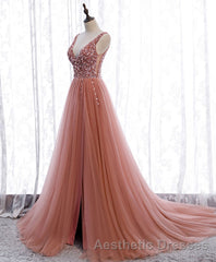 Pink V Neck Tulle Sequin Long Evening Prom Dresses, Pink Formal Dresses