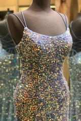Double Straps Lace-Up Sequins Long Evening Prom Dresses with Slit