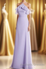 Lavender Halter Ruffled A-Line Long Bridesmaid Dresses