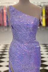 One-Shoulder Sequins Long Evening Prom Dresses with Floral Appliques