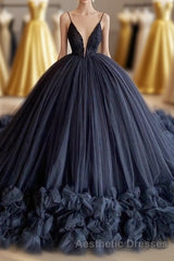 spaghetti straps beading bodice tulle ball gown Evening Prom Dresses with handmade flowers