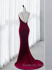 Simple Velvet Mermaid Burgundy Long Evening Prom Dresses, Burgundy Long Formal Dresses