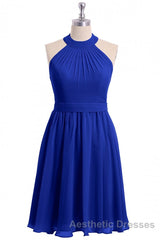 Rust Orange Chiffon Halter Backless A-Line Short Bridesmaid Dresses