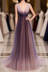 Simple V Neck Tulle Long Evening Prom Dresses, Tulle Evening Dresses