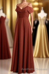 Rust Orange Chiffon Straps Ruffled A-Line Bridesmaid Dresses