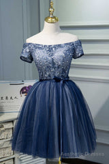 Navy Blue Off-the-Shoulder Beaded A-Line Short Party Dress