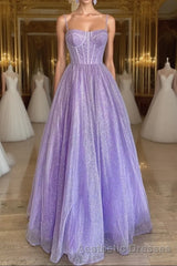 Spaghetti Straps Sparkly Lilac A Line Evening Prom Dresses Sequin Evening Prom Dresses