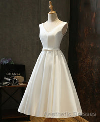 Simple V Neck White Short Evening Prom Dresses, White Homecoming Dresses